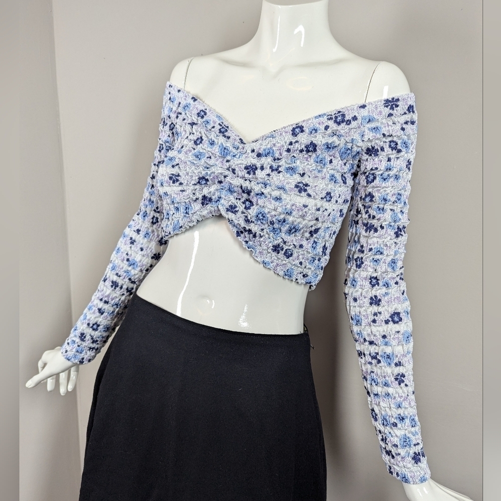Zara Blue Floral Ruched Off-Shoulder Crop Top – Size Small